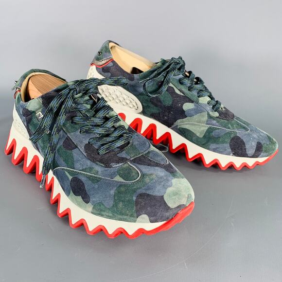 CHRISTIAN LOUBOUTIN Size 12 Green Blue Camouflage Suede Red Sole Sneakers - Picture 1 of 11
